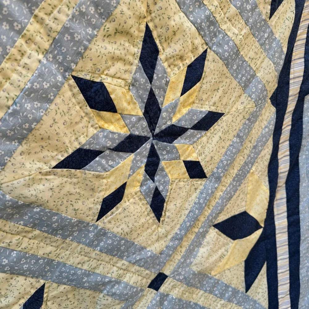 Handmade Star Patchwork Quilt Blue Yellow Floral Granny cottage blanket 84x84